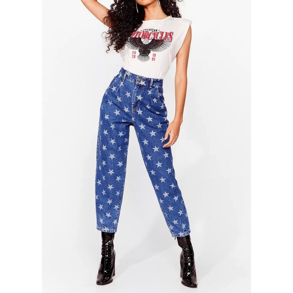 Star Print High Waisted Tapered Jeans